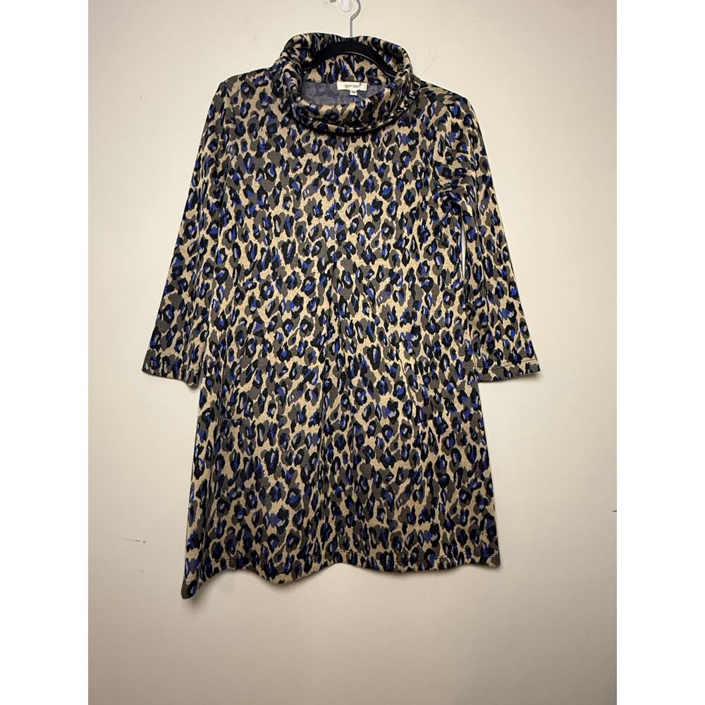 Tyler Boe XS Cowl‎ Neck Blue Tan Leopard Print Dress 3/4 length Sleeved